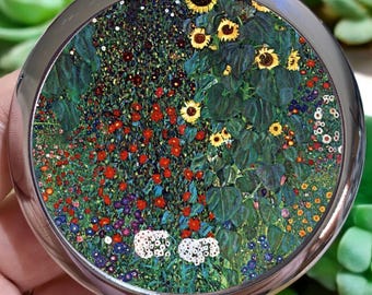 Gustav Klimt Farm Garden with Sunflowers Compact Mirror: Art Nouveau Lover Gift, Magnifying, Silver or Bronze