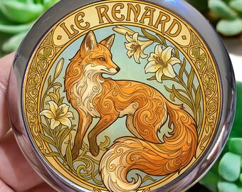 FOX Compact Mirror: Alphonse Mucha Art Nouveau Makeup Gift, Magnifying, Silver or Bronze