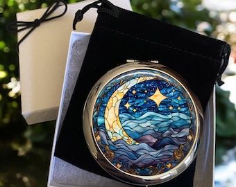 Dreamy Moon Compact Mirror: Starry Night Lover Gift, Magnifying, Silver or Bronze