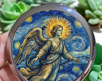 Van Gogh Angel Compact Mirror: Starry Night Lover Gift, Magnifying, Silver or Bronze