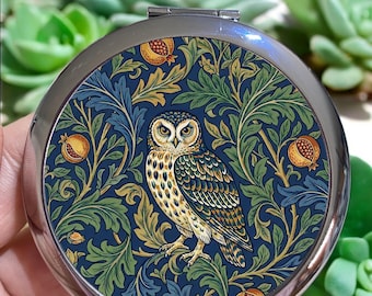 Owl William Morris Style Compact Mirror: Nature Lover Gift, Magnifying, Silver or Bronze
