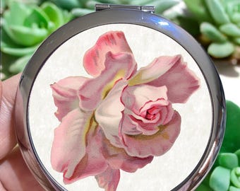 Pink Rose Flower Compact Pocket Mirror: Vintage Floral Gift
