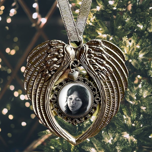 Angel Wings Memorial Christmas Ornament - Picture Ornaments - Personalized Ornaments - Photo Tree Ornament - Loss of Loved One - Silver Xmas