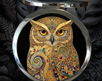Klimt Style OWL Compact Mirror: Art Nouveau Lover Gift, Magnifying, Silver or Bronze