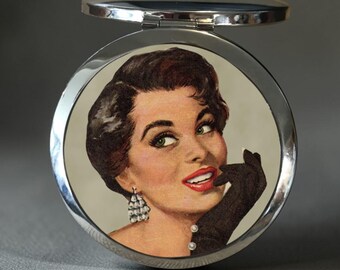 Glamorous Mid-Century Woman Compact Mirror: 1950s Purse Accessory