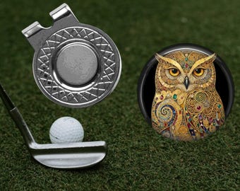 Art Nouveau Owl Golf Ball Marker and Hat Clip Set: Bird Lover Golfer Gift