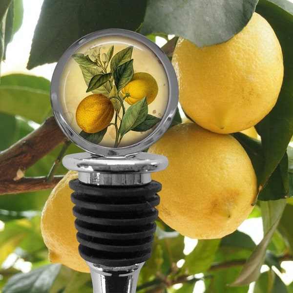 Lemons Wine Stopper - Limoncello Bottle Stopper - Italian Wine - Vintage Botanical Illustration - Lemon Lover Gifts - Citrus Fruit