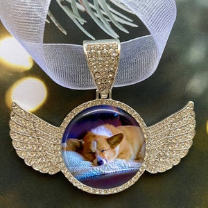 Angel Wings Pet Memorial Christmas Ornament - Pet Photo Ornament - Personalized Ornament - Rhinestones - Loss of Pet - Pet Remembrance