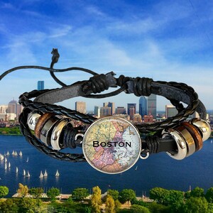 Bracelet en cuir avec carte du Massachusetts BOSTON - Bracelets pour homme - Cadeaux pour papa - Cadeaux pour lui - Nouvelle-Angleterre - Bean Town