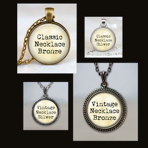 May include: Four necklaces with round pendants featuring the text "Classic Necklace Bronze", "Classic Necklace Silver", "Vintage Necklace Silver", and "Vintage Necklace Bronze".