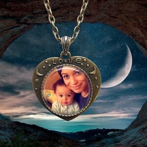 Heart Picture Necklace - Love Heart with Moon and Stars Setting - Your Own Photo - Personalized Jewelry - Photo Pendant - Photo Necklace