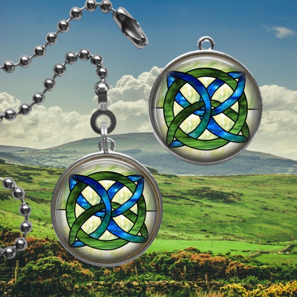 FAN PULL - Light Pull - Celtic Lamp Chain - Irish Home Decor - St Patricks Day - Faux Stained Glass Celtic Symbol - Blue and Green