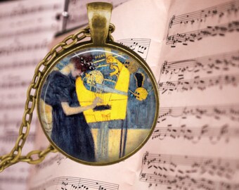 Klimt Music Pendant Necklace: Art Nouveau Harpist Jewelry