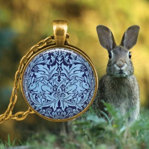 William Morris Blue Brother Rabbit Tapestry Jewelry - William Morris Rabbit Jewelry - Arts and Crafts Blue Rabbit Pendant - Blue Necklace