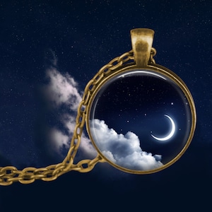 Crescent Moon - Moon Pendant Necklace - Celestial Gifts - Moon Lover Gift - Luna Necklace - Lunar Gift - Moon and Clouds