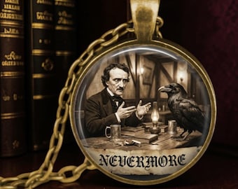 Edgar Allan Poe Funny Photo Necklace: Literary Pendant Jewelry, Quoth the Raven Nevermore