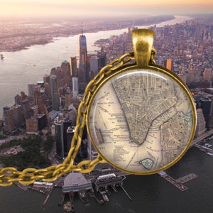 Bijoux carte vintage Lower Manhattan New York et Brooklyn - Collier pendentif - Charm boussole