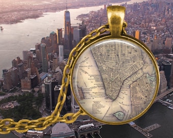 Lower Manhattan New York and Brooklyn Vintage Map Jewelry - Pendant Necklace - Compass Charm