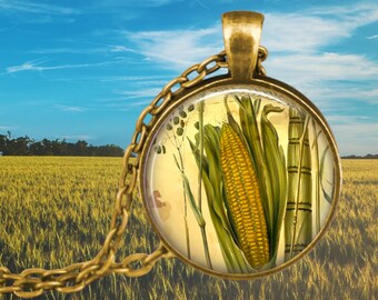 Vintage Corn Illustration Pendant Necklace: Gardener Gift