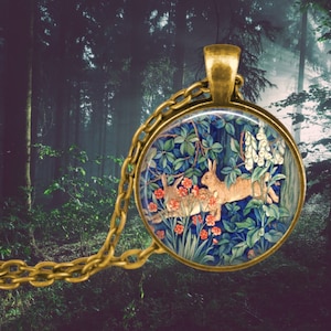 William Morris Rabbits in Forest Tapestry Pendant Necklace - Arts and Crafts Movement Jewelry - William Morris Jewellery - Morris Rabbits
