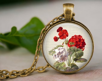 Red Geranium Pendant Necklace - Old Fashioned Flower - Garden Floral Gift - Botany Illustration - Gardener Gifts - Botanical Gifts