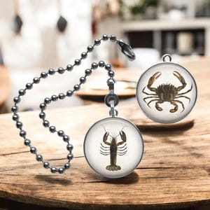 May include: Two silver fan pull chains with round glass pendants. The pendants feature vintage illustrations of a lobster and a crab.