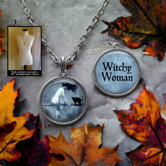 Witchy Woman Pendant Necklace, Gothic Halloween Jewelry, 24" Vintage Style Chain