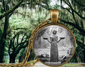 Girl Bird Feeder Statue Savannah - Savannah Girl Pendant - Georgia Necklace - Cemetery Statue Jewelry - Goth Jewelry - Good and Evil