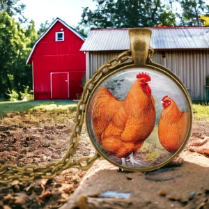 Chicken Necklace ~ Buff Orpington Rooster and Hen - Vintage Poultry Lithograph - Chicken Pendant - Chicken Necklace - Farmhouse Necklace