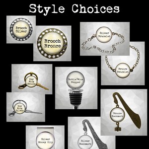 May include: A collection of different styles of jewelry and accessories, including brooches, bracelets, key rings, bottle stoppers, money clips, and bookmarks. The items are available in both silver and bronze finishes.