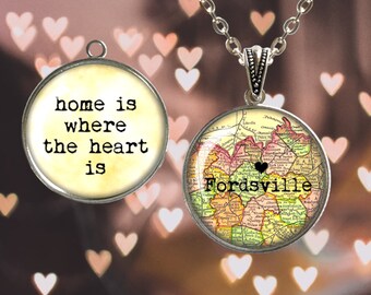 Map Necklace - Home is Where the Heart Is and Your HOMETOWN'S MAP Reversible Double-Sided Pendant Necklace or Key Ring