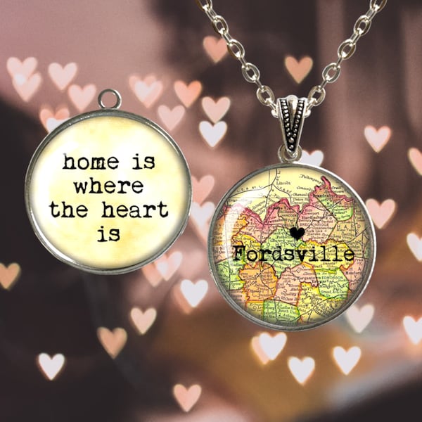 Map Necklace - Home is Where the Heart Is and Your HOMETOWN'S MAP Reversible Double-Sided Pendant Necklace or Key Ring