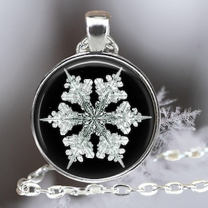 Winter Snowflake on Black Design - Snowflake Photograph Jewelry - Winter Necklace - Science Lover Gift - Snow Lover Gift - Snowing
