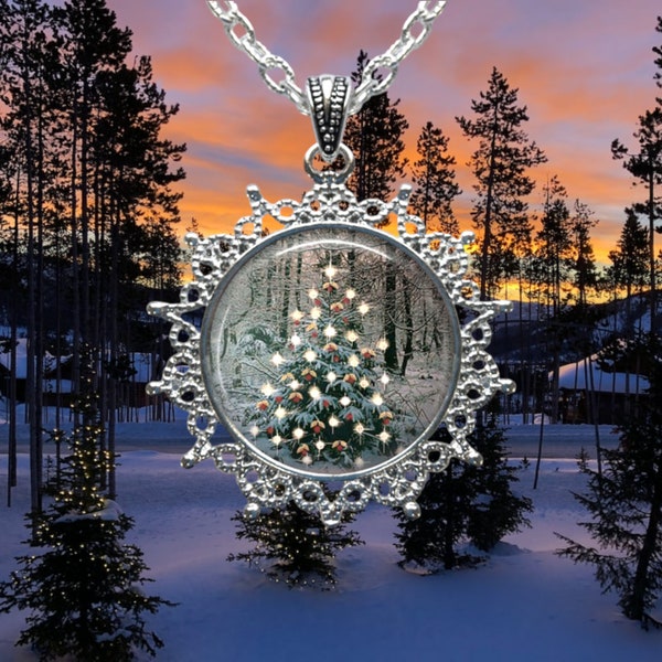 Christmas Tree Magic - Forest Christmas Tree - Christmas Jewelry - Winter Landscape - Christmas Tree - Magical Christmas Necklace - Locket