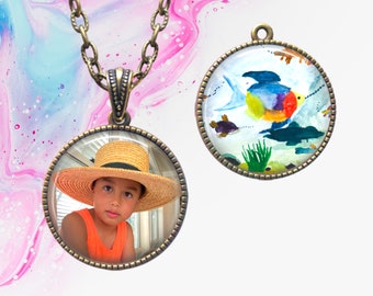 Your Child's Artwork and Photo Pendant Necklace - Custom photo jewelry - Mother's Day Photo Necklace - Double Sided Photo Jewelry