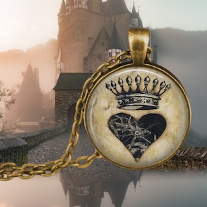 Antique Vintage Heart with Crown Pendant Necklace - Heart and Crown Jewelry - Queen of Hearts - Royal Heart Pendant - Gift for Loved One