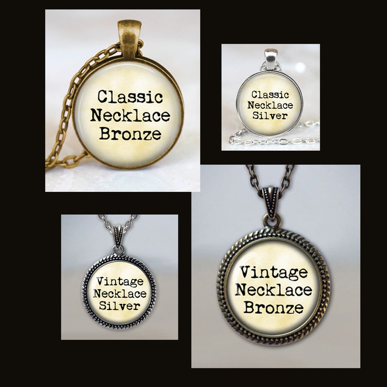 May include: Four necklaces with round pendants featuring the text "Classic Necklace Bronze", "Classic Necklace Silver", "Vintage Necklace Silver", and "Vintage Necklace Bronze".