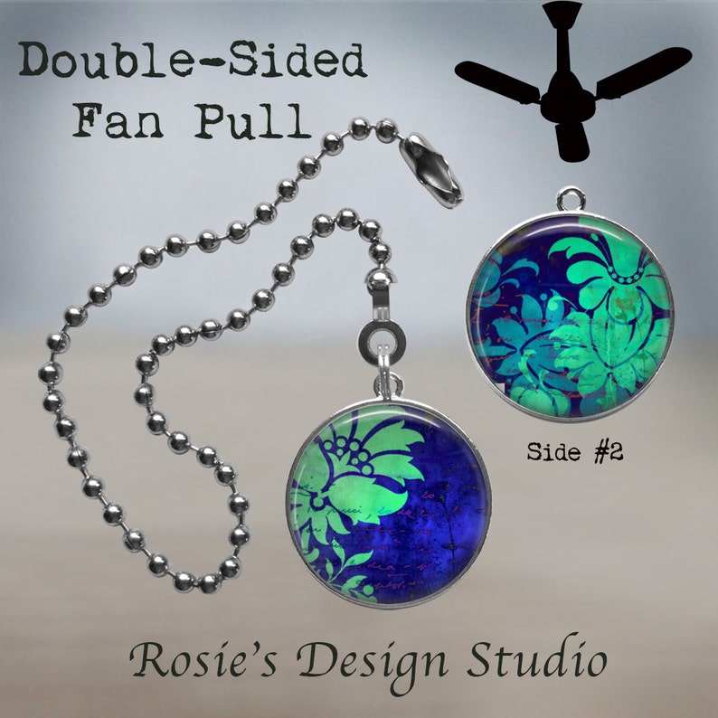 Blue Batik Light Pull Glass Light Pull Light Pull Chain Green and Blue Decor Ceiling FAN PULL Batik Ocean Colors Batik Fan Pull