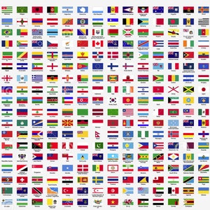 Op de afbeelding: Een kaart met vlaggen van over de hele wereld. Elke vlag wordt weergegeven in een vierkant met de naam van het land eronder gedrukt. De vlaggen zijn alfabetisch gerangschikt op landnaam.