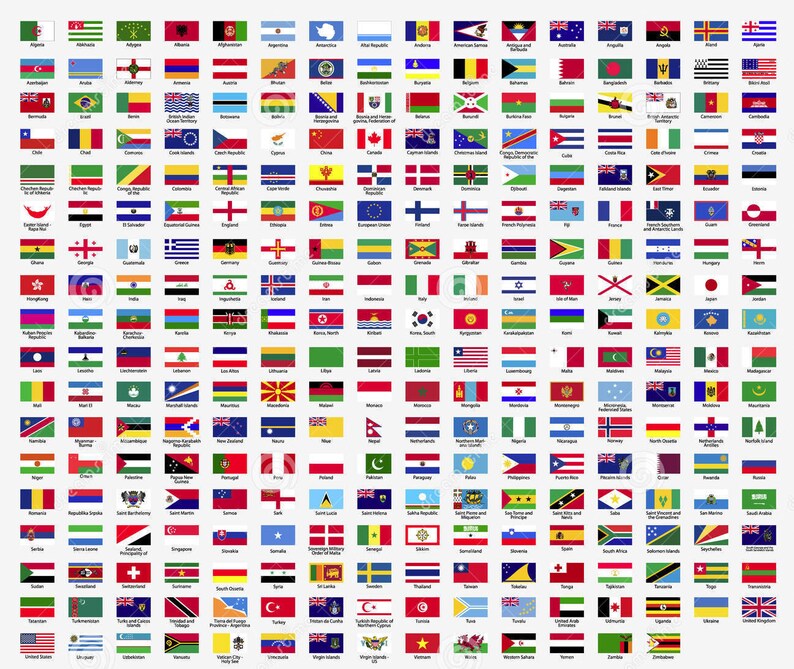 Op de afbeelding: Een kaart met vlaggen van over de hele wereld. Elke vlag wordt weergegeven in een vierkant met de naam van het land eronder gedrukt. De vlaggen zijn alfabetisch gerangschikt op landnaam.