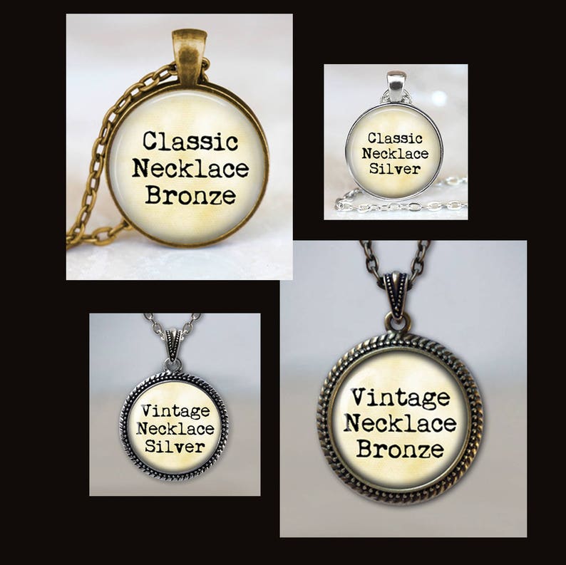 May include: Four necklaces with round pendants. The pendants have a vintage look and feature the text "Classic Necklace Bronze", "Classic Necklace Silver", "Vintage Necklace Silver", and "Vintage Necklace Bronze".