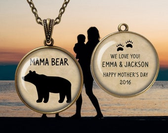 Custom Mama Bear Pendant Necklace: Double Sided, Personalized Mom Jewelry