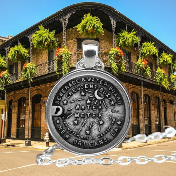 New Orleans Water Meter Cover Necklace - New Orleans Jewelry - Louisiana Pendant - Bourbon Street - Crescent Moon - Mardi Gras Pendant