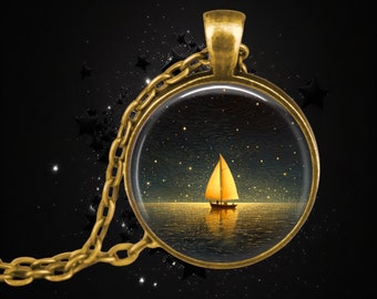 Sailboat at Night Pendant Necklace: Ocean Starry Sky Jewelry