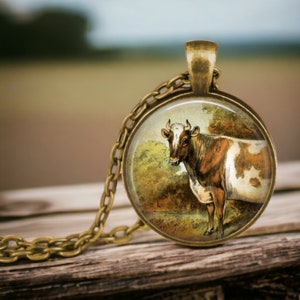 COW Pendant Necklace - Vintage Cow Watercolor Jewelry - Brown Cow - Farm Jewelry - Pastoral Art - Farm Animal - Western Clothing
