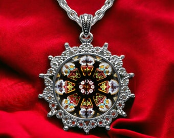 Stained Glass Style Rosette Window Pendant Necklace: Christian Jewelry