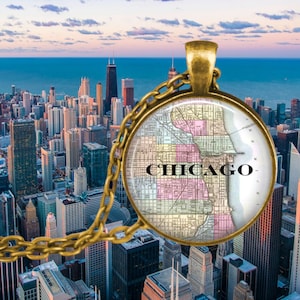 Carte vintage de CHICAGO - pendentif carte de Chicago - collier de Chicago - bijoux de Chicago - lac Michigan - grands lacs - pendentif carte du Midwest