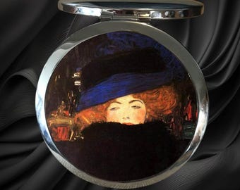 Gustav Klimt "Lady with Hat and Feather Boa" Compact Mirror: Art Nouveau Lover Gift, Magnifying, Silver or Bronze