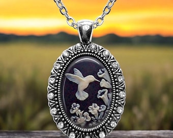 Hummingbird Cameo Necklace: Rhinestone Victorian Style Pendant
