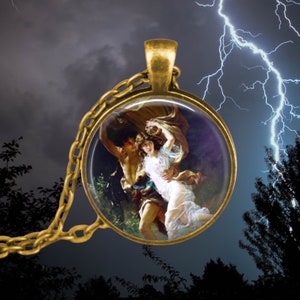 May include: A gold necklace with a round pendant featuring a painting of a couple embracing. The pendant is set against a stormy sky background.